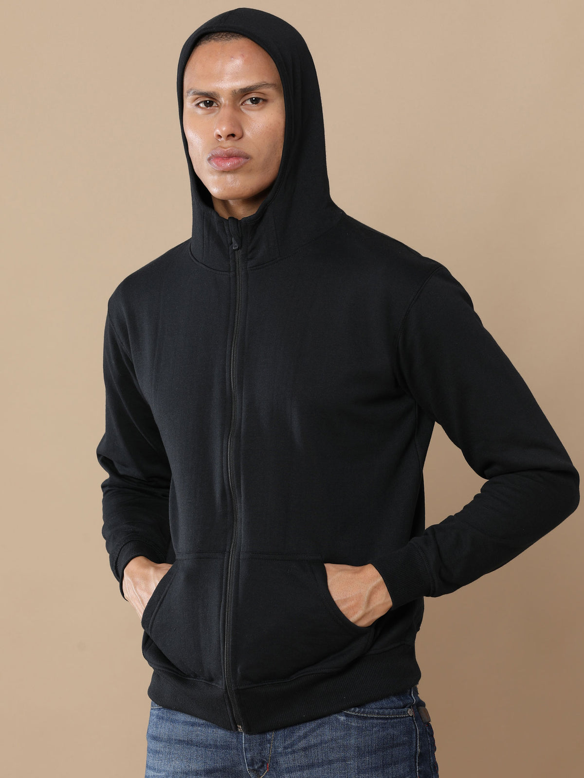 Black 300GSM fleece zip-up hoodie for custom logo printing – Printello