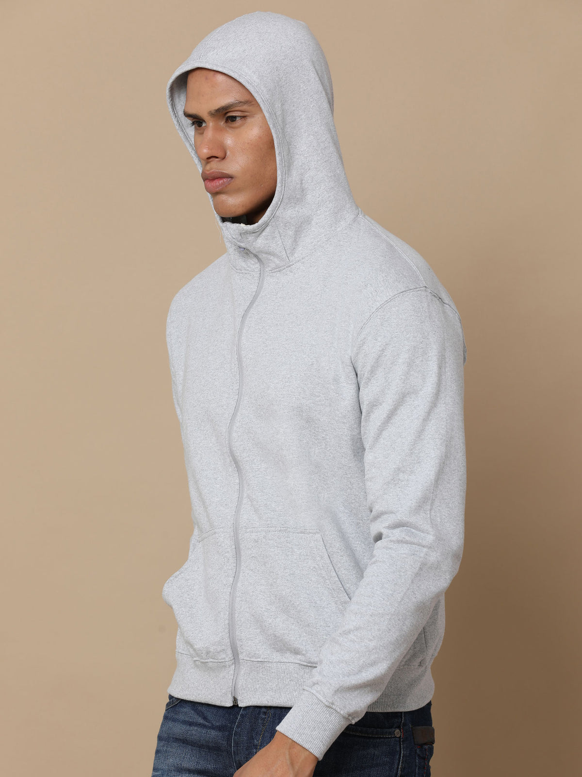 Gray 300GSM fleece zip-up hoodie, front view – Printello
