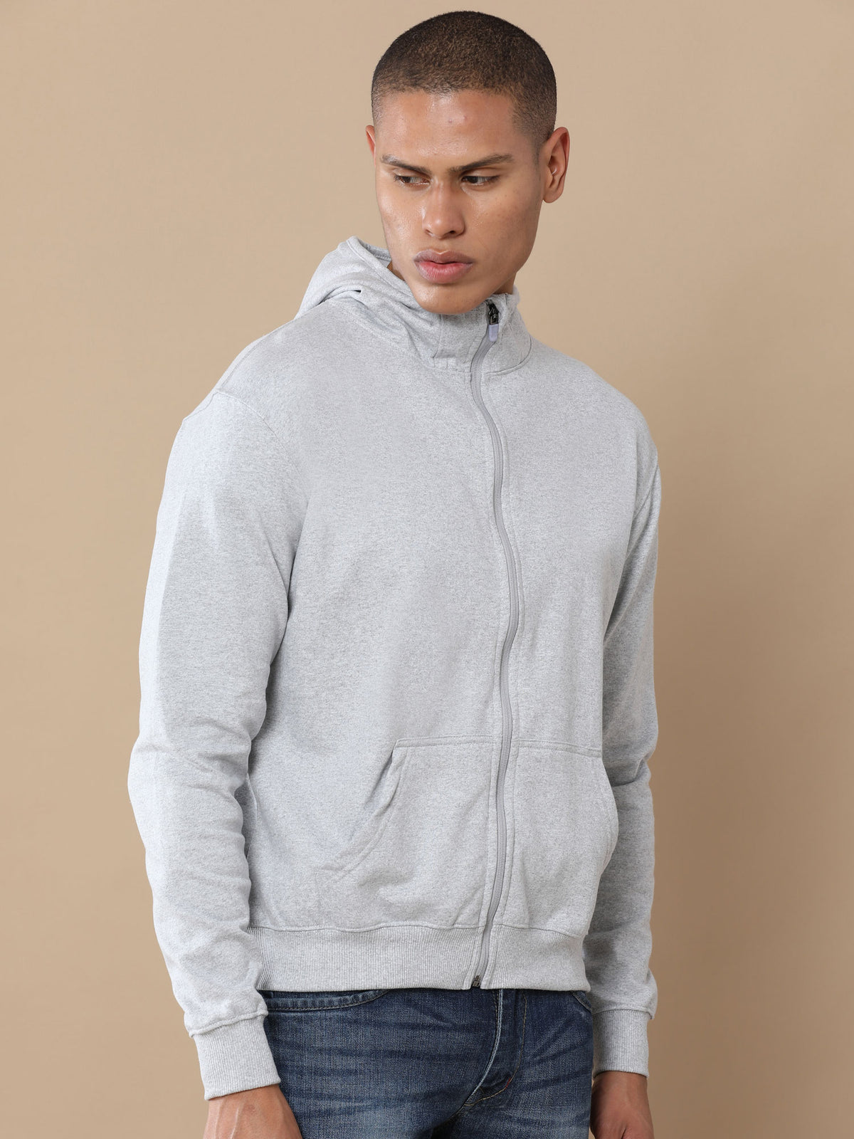 Gray custom zipper hoodie with kangaroo pockets and high neck – Printello