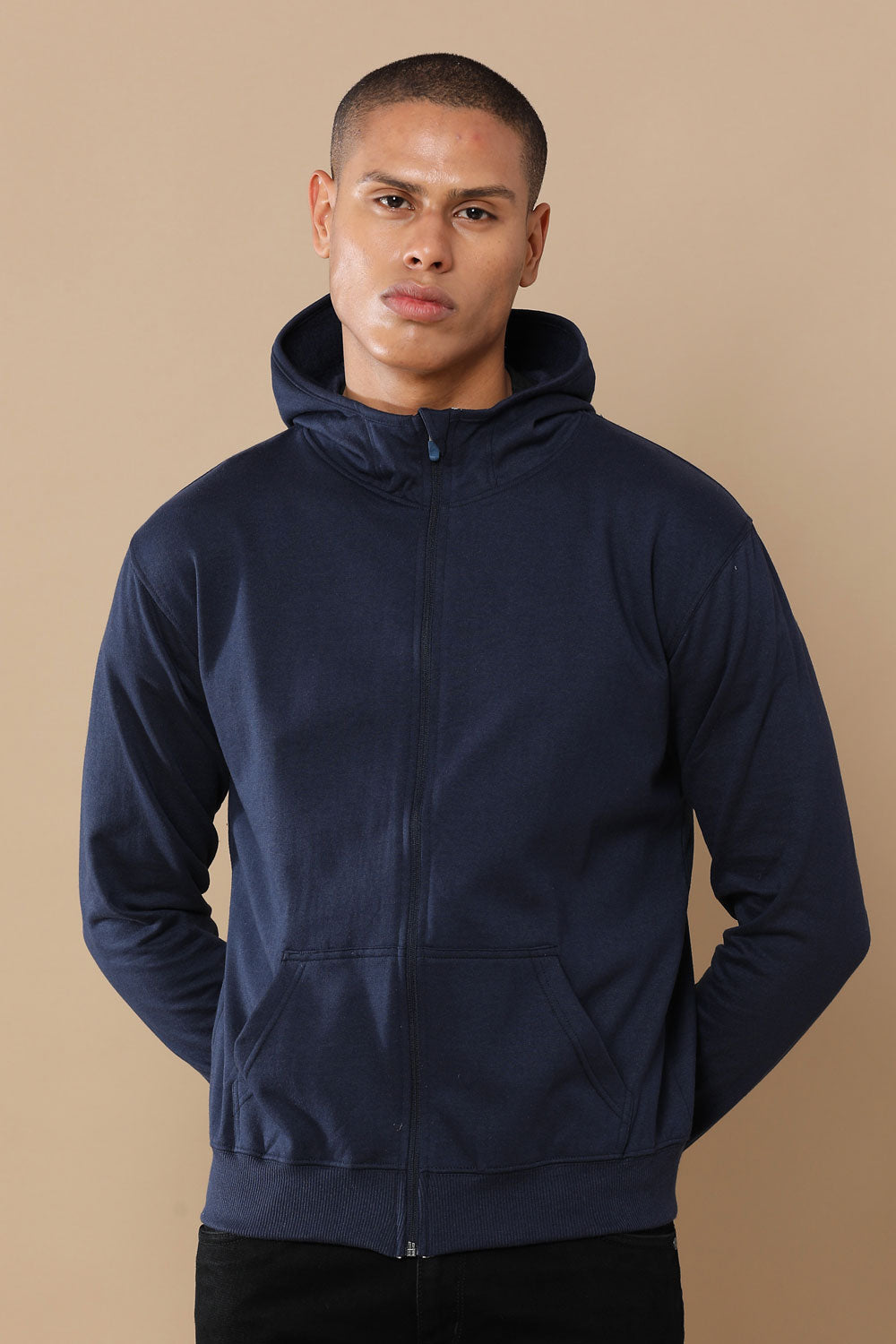 Custom 300GSM zipper hoodie in Midnight Navy with logo printing – Printello