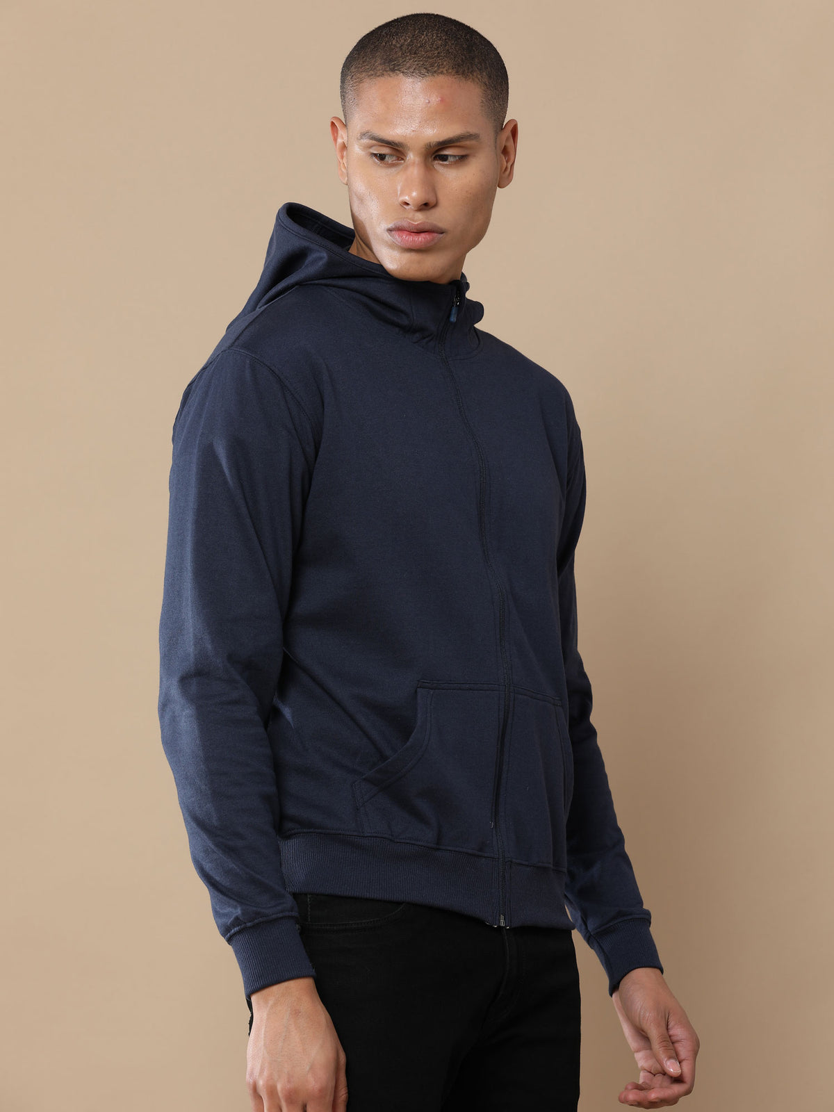 Midnight Navy 300GSM fleece hoodie, front view – Printello