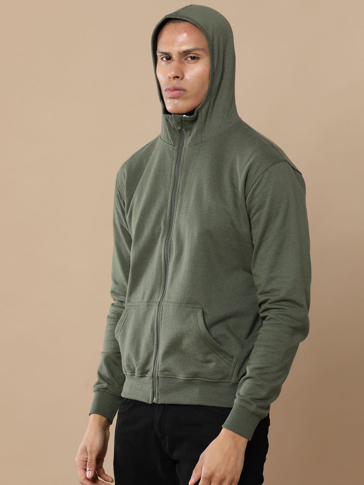 Custom 300GSM zipper hoodie in Olive Green with logo printing – Printello
