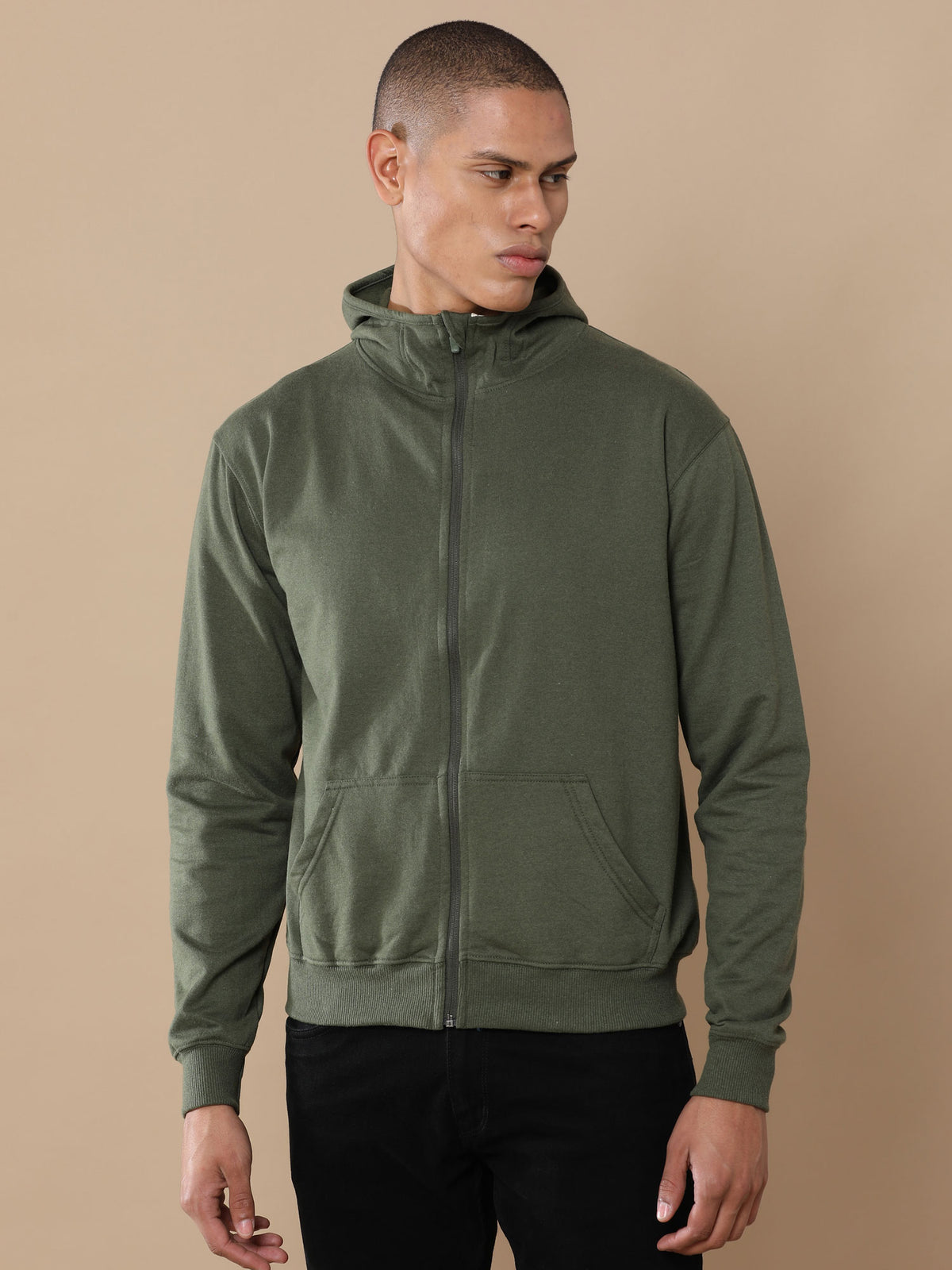 Olive Green 300GSM fleece zip-up hoodie, front view – Printello