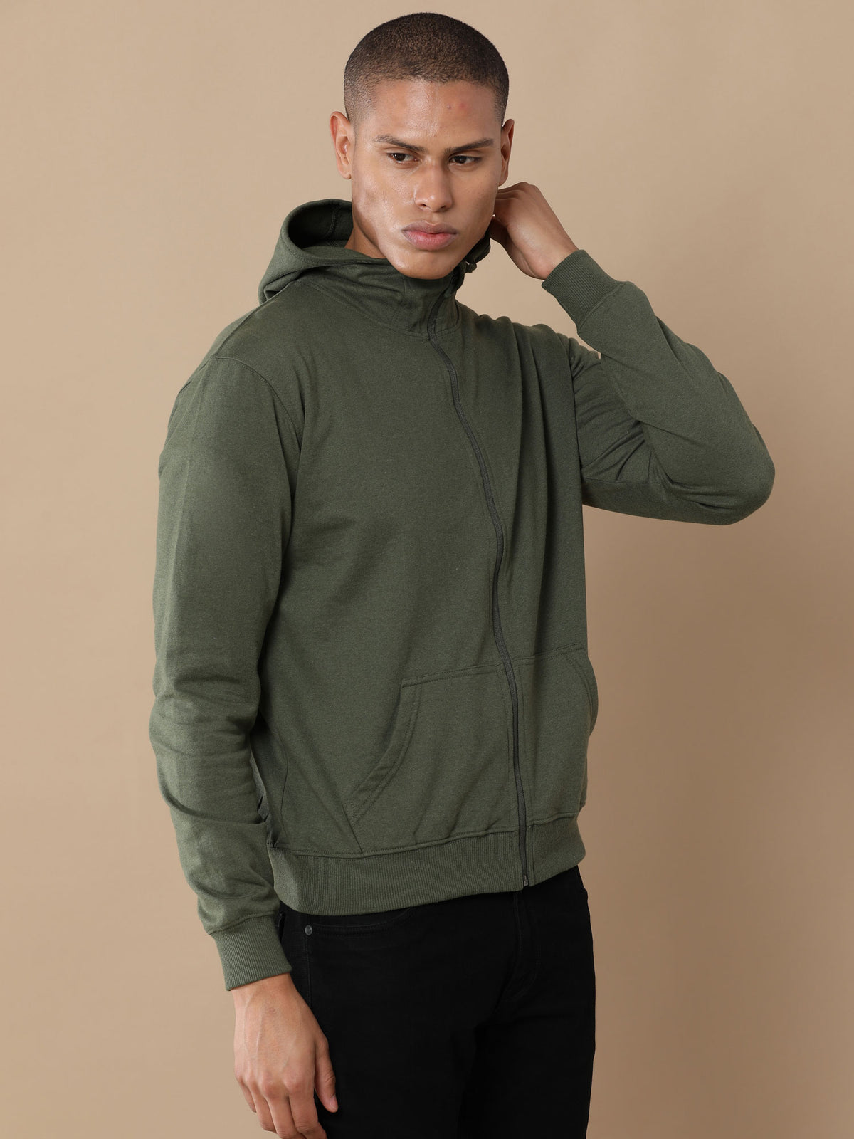 Olive Green 300GSM zipper hoodie detail view – Printello